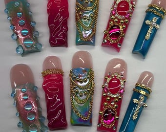 Acrylic press on nails/ 3D Gel/Rhinestones/3D nail art/multicolored