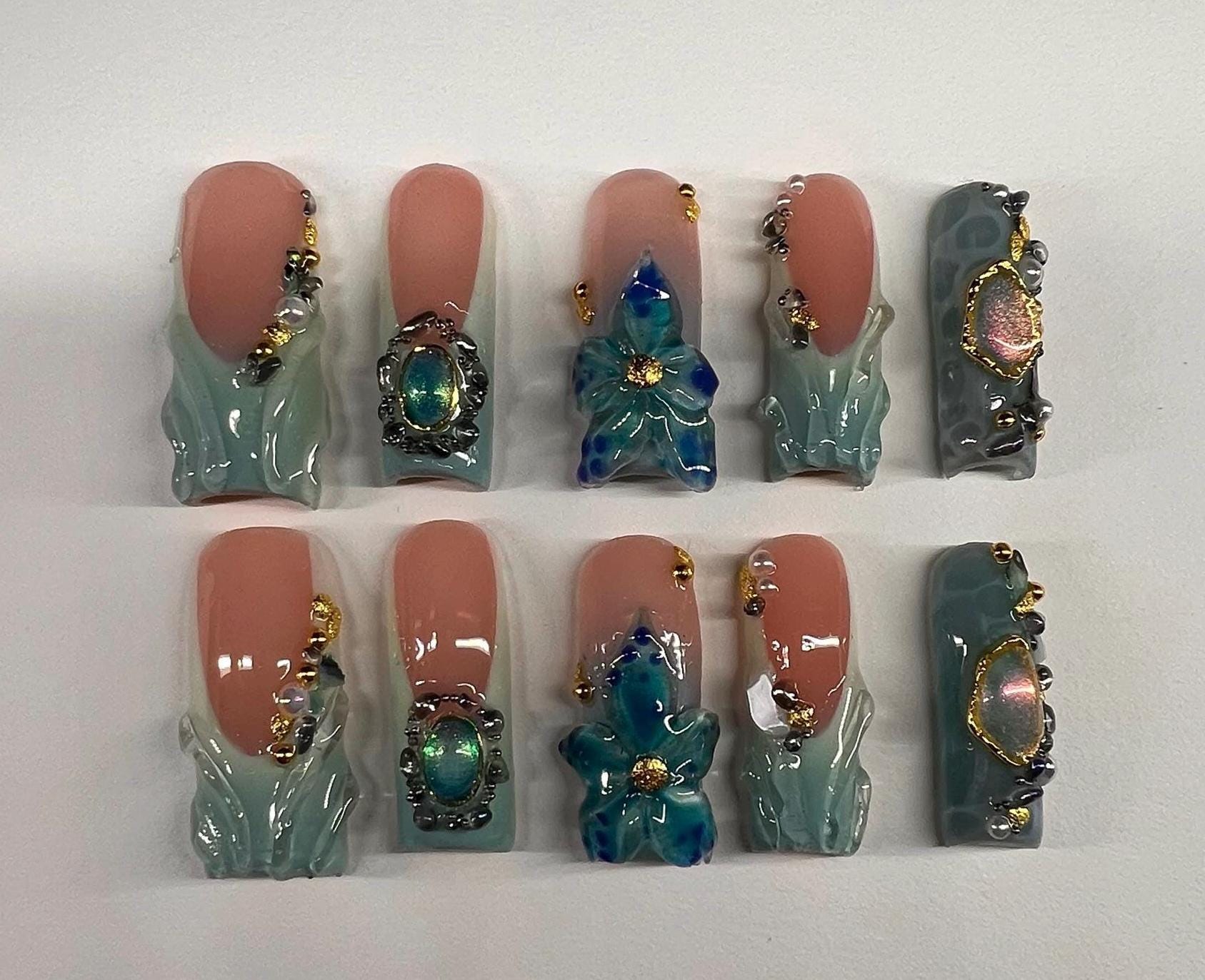 Seashell Custom Acrylic nails/ 3D builder gel/Rhinestones