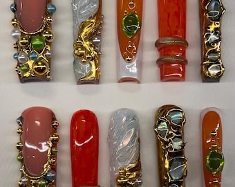 Acrylic press on nails/ 3D Gel/Rhinestones/3D nail art/multicolored