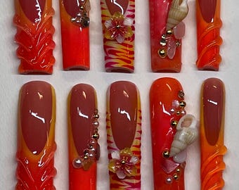 Custom Acrylic press on nails/Summer set/tropical set/sunset nails