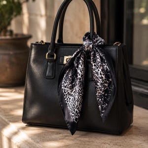 May include: Black leather handbag with top handles and gold-tone hardware. A black and white animal print scarf is tied to the handle. The bag is sitting on a stone surface.
