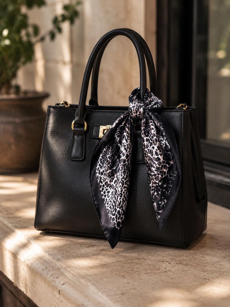 May include: Black leather handbag with top handles and gold-tone hardware. A black and white animal print scarf is tied to the handle. The bag is sitting on a stone surface.
