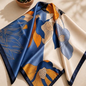 May include: A square silk scarf with a floral design. The scarf features a color block design with navy blue, cream, and orange hues. The floral pattern includes large stylized flowers and leaves. The scarf is folded, showing the different sections and colors.