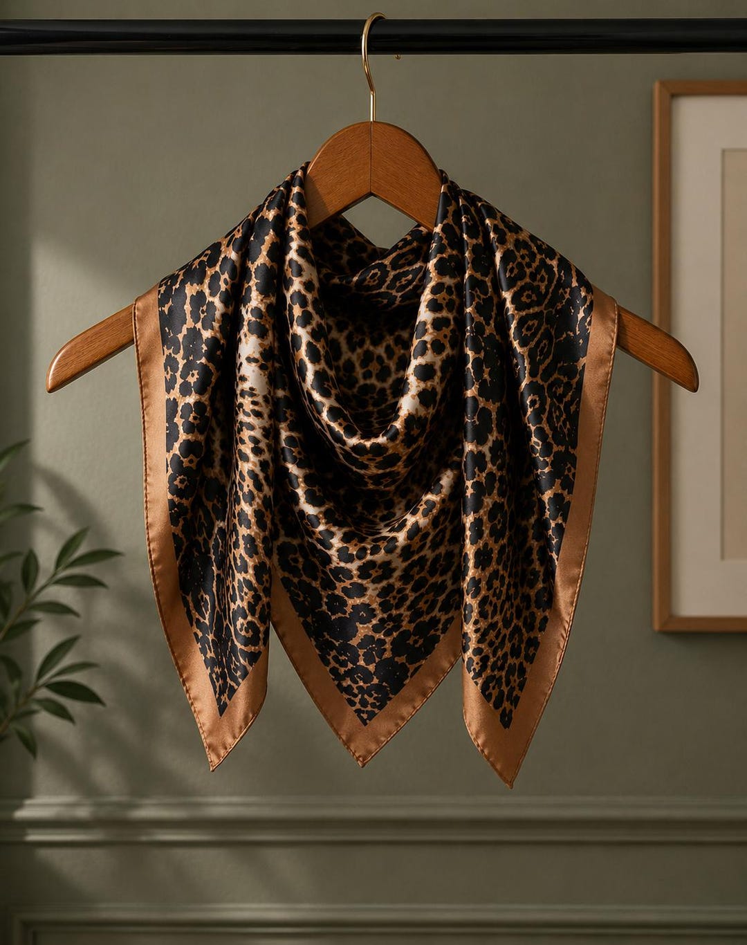 Women's 70cm Square Silk Scarf, Luxury Cream Leopard Satin Scarf