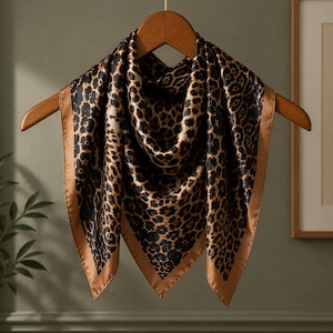 May include: A square silk scarf with a leopard print design. The scarf features a black and tan animal print pattern with a solid tan border. The scarf is displayed on a wooden hanger against a neutral background.