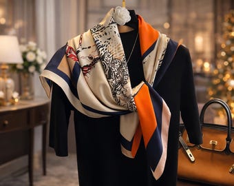 Korean-style square silk scarf, 70 x 70 cm, ideal for outdoor wear in all seasons. Elegant and breathable.