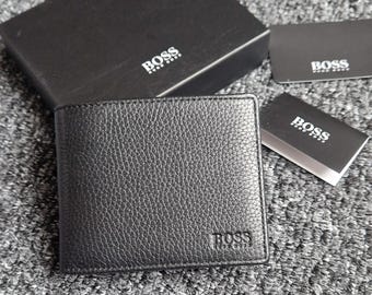 Men’s Hugo Boss Black Leather Wallet with Coin Pocket – Traveller Style Bifold – Genuine Cowhide – Handmade Gift for Him