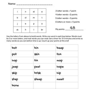 May include: A printable worksheet with a grid of letters and a list of words to be created using the letters. The words are categorized by length and points awarded for each word. The worksheet is titled "Name:" and has a space for the user to write their name. The user is instructed to use the letters from the grid to build words and write one word in each box below. The words must be 3 or more letters and real words that can be read. The user is instructed to set a timer for 3-5 minutes and write as many words as they can before time is up. The user is instructed to count up their points at the end.