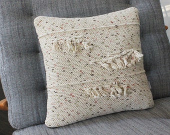 Crochet Throw Pillow/Cotton/Cream Fringe/Decorative Pillow, 14 x 14