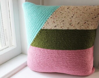 Crochet Throw Pillow/Cotton/Olive, Cream, Pink, Natural/16x16, Decorative Accent Pillow, Living Room, Bedroom, Nursery
