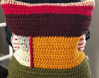 Chunky Crochet Throw Pillow Olive/Burgundy/Mustard/Stripe, Large Decorative Pillow, 22 x 22