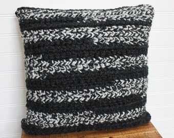 Chunky Crochet Throw Pillow Charcoal/Cream/Stripes Decorative Pillow, 14 x 14