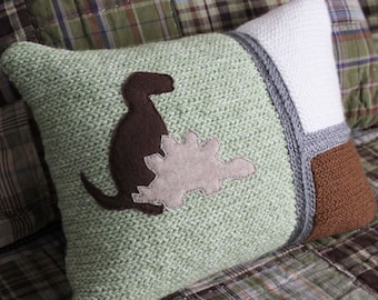 Crochet Throw Pillow Green/Brown/Grey/White Dinosaurs, Decorative Pillow, Initial, Baby Boy Gift, Nursery, 12 x 16