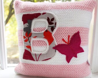 Crochet Pillow Pink/White/Grey Butterfly, Initial, Petite Nursery Pillow, 10 x 10