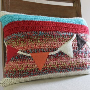Crochet Throw Pillow Red/Cream/Rainbow Banner, Decorative Pillow, Initial, Baby Girl Gift, Nursery, 12 x 16 Lumbar