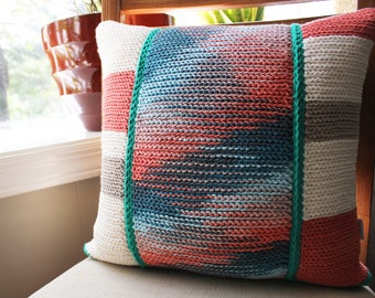 Crochet Throw Pillow/Cotton/Pattern, Green, Coral, Turquoise, Cream/16x16, Decorative Accent Pillow