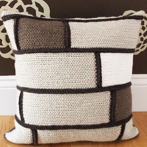 Crochet Throw Pillow Tan/Brown/White Bricks, Decorative Accent Pillow, 16 x 16