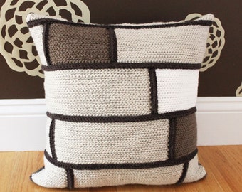 Crochet Throw Pillow Tan/Brown/White Bricks, Decorative Accent Pillow, 16 x 16