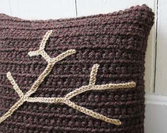 Chunky Crochet Throw Pillow Brown/Tan Tree Branch, Decorative Pillow, 16 x 16