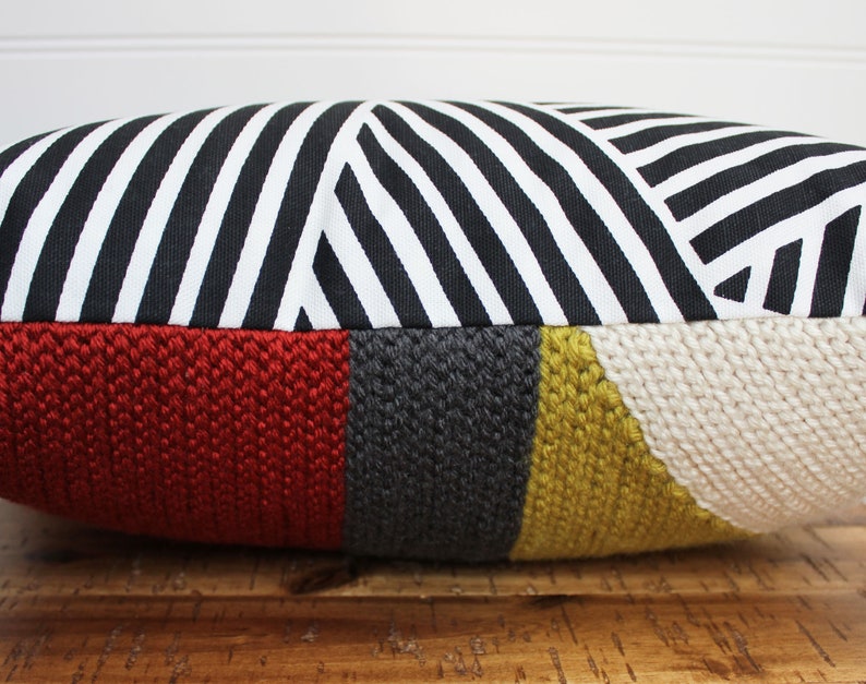 Crochet Throw Pillow Terracotta/Charcoal/Citron/Cream, Decorative Accent Pillow, 12 x 16 Lumbar image 2