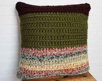 Chunky Crochet Throw Pillow Olive/Burgundy/Stripe, Decorative Pillow, 18 x 18