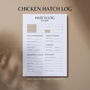 May include: A printable Chicken Hatch Log on a white paper. The log includes sections for setup information, target settings, candling, lockdown & hatch, and post-hatch details. The text "Instant Download, Reusable, Printable PDF" is at the bottom.