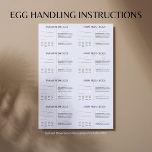 Könnte beinhalten: Ein weißes, bedruckbares Blatt mit "EGG HANDLING INSTRUCTIONS" oben. Das Blatt ist in Abschnitte mit der Bezeichnung "FARM FRESH EGGS" unterteilt, mit Platz für Notizen und Richtlinien zur Eierlagerung. Der Boden des Blattes lautet "Instant Download • Reusable • Printable PDF".