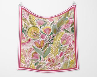 Floral Silk Scarf: Pink, Green & Gold Square Bandana - Four Sizes