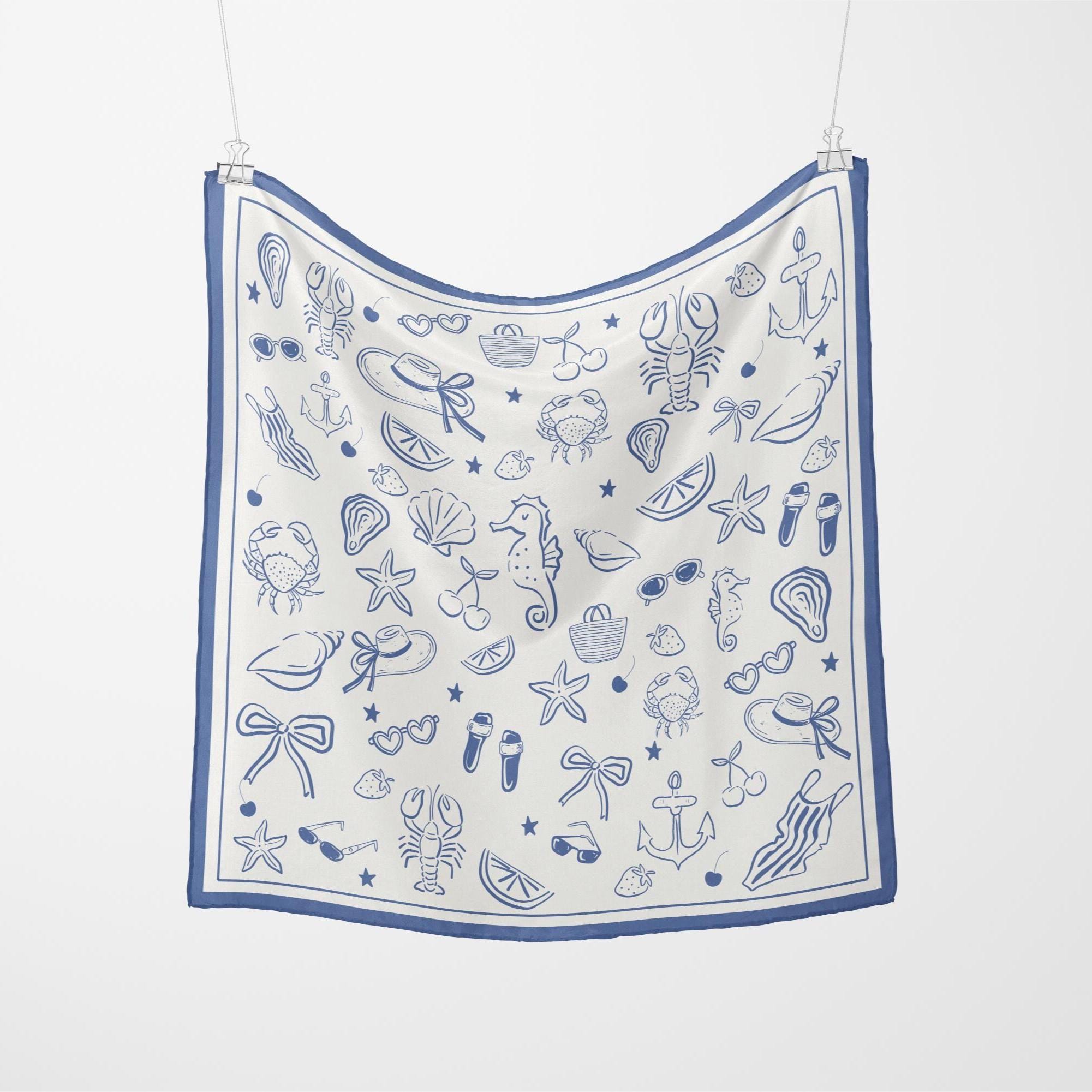 French Beach Silk Scarf, 100% Silk Summer Coastal Bandana, Mediterranean Ocean Print Neckerchief, Navy and White Trendy Scarf, Seashell gift