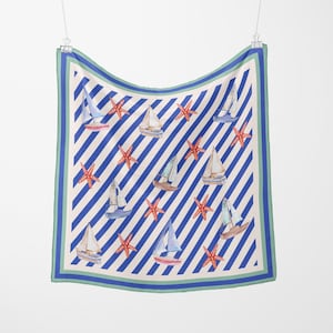 Sailboat Pure Silk Scarf, Boat Print Neckerchief, Ocean Bandana, Amalfi Coast Print 100% silk Scarf, Travel Accessory, White and Blue Scarf