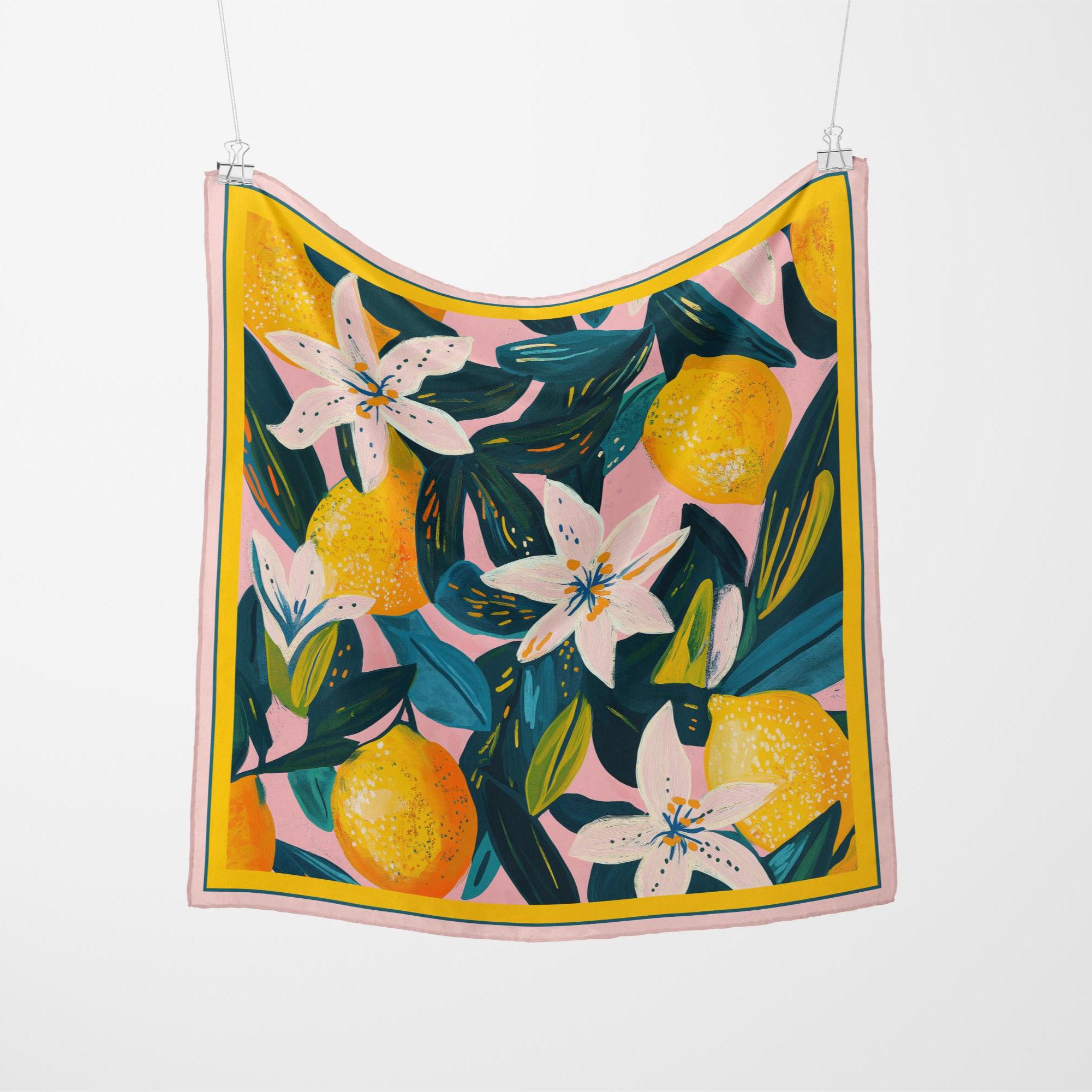 100% Silk Lemon Scarf, Pure Silk Neck Scarf, Silk Bandanna, Silk Neckerchief, Silk Hair Scarf, Lemon and flower print, bright and colorful