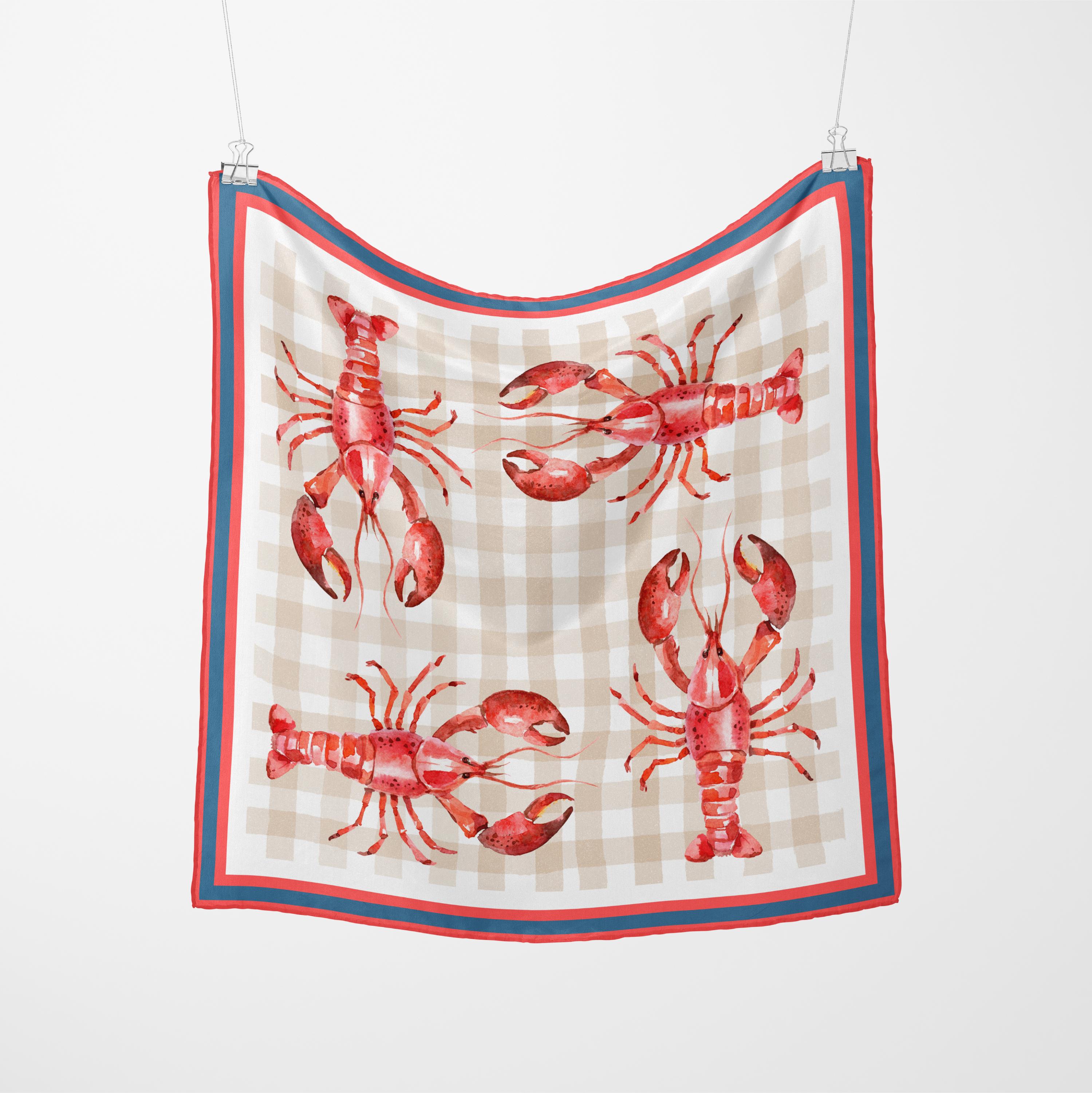 Silk Lobster Scarf, Amalfi Coast Neckerchief, La Dolce Vita Bandana, 100% Silk Ocean Print Scarf, Travel Accessory, Crawfish Hair Scarf