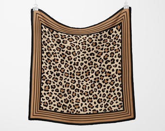 Leopard Print 100% Silk Scarf, Brown and Black Neckerchief, Leopard Bandana, Leopard print travel accessory, Pure Silk Scarf, Head Scarf