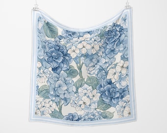 Soft Blue Hydrangea Print 100% Silk Scarf: Four Sizes