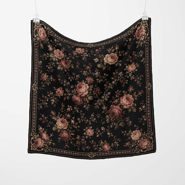 Black Floral Silk Scarf Vintage Rose Satin Scarf Moody Romantic Cottagecore Hair Scarf Elegant Square Bandana
