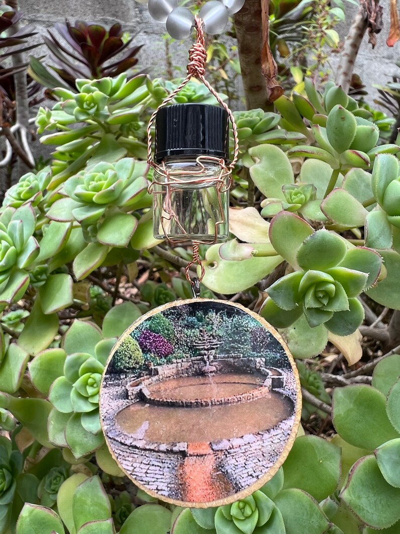 May include: A copper wire wrapped around a small glass bottle with a black lid, hanging from a wooden round ornament with a picture of a stone fountain. The ornament is surrounded by green succulent plants.