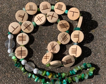 Ogham Round Wood Necklace (Ogam British Irish Welsh Tree Alphabet Druid)