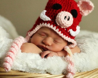 Newborn Pink and Red Razorback Hat, Baby Girl Razorback Hat, Baby Arkansas Hat, Photo Prop Razorback Hat, Crochet Razorback Hat,