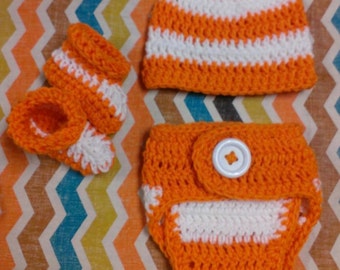 Tennessee Orange and White Crochet Hat, Diaper Cover and Booties