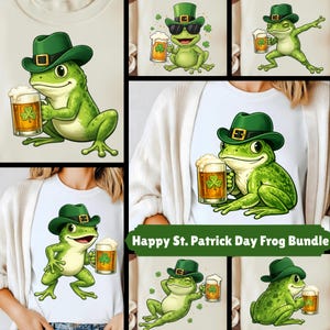 Pode incluir: Ilustrações de sapos verdes, cada um usando um chapéu verde e segurando um copo de cerveja com um design de trevo. O texto "Happy St. Patrick Day Frog Bundle" é exibido em uma faixa verde.
