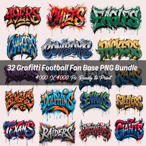 Pode incluir: Uma coleção de 16 designs em estilo grafite com nomes de equipas da NFL, incluindo "49ers", "Chiefs" e "Eagles". Cada design é renderizado com cores vibrantes e efeitos de tinta escorrendo. O texto "32 Grafitti Football Fan Base PNG Bundle" também é visível.