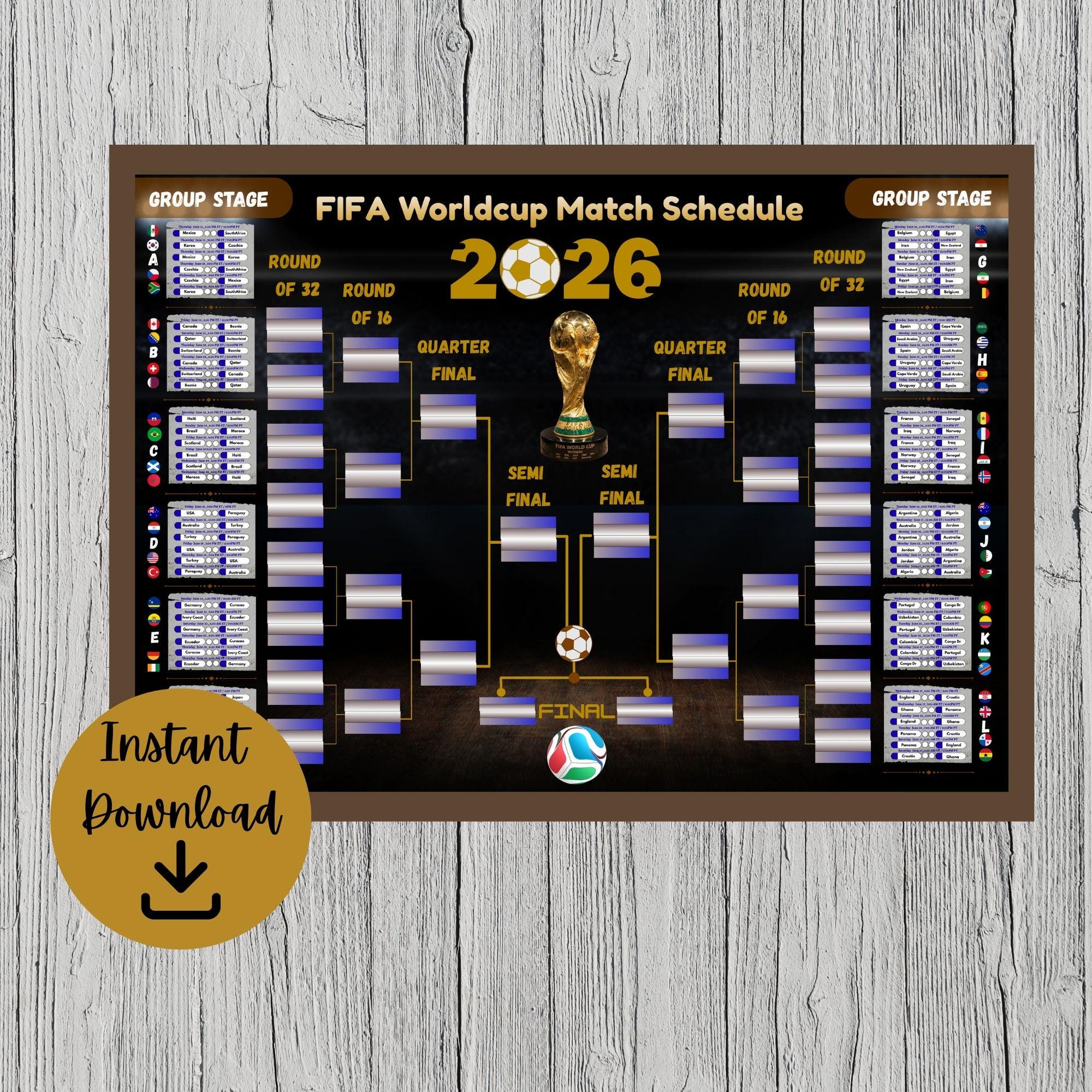 FIFA World Cup 2026 Schedule Printable Wall Chart, Soccer Bracket