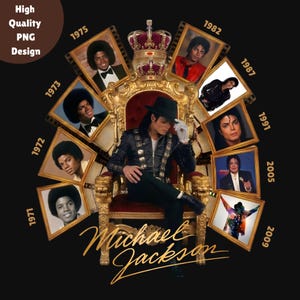 Könnte beinhalten: Ein schwarz-goldenes Design mit Michael Jackson auf einem Thron, umgeben von gerahmten Fotos aus verschiedenen Jahren. Der Text "Michael Jackson" ist in goldener Schrift. Der Text "High Quality PNG Design" befindet sich oben links.