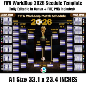 May include: A black and gold FIFA World Cup 2026 schedule template. The design includes a bracket layout with spaces for teams, the World Cup trophy, and the text "2026". The template is A1 size, measuring 84 x 59.4 cm.