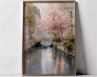 Arte mural de canales de París, pintura romántica de ciudad primaveral, decoración francesa en tonos pastel