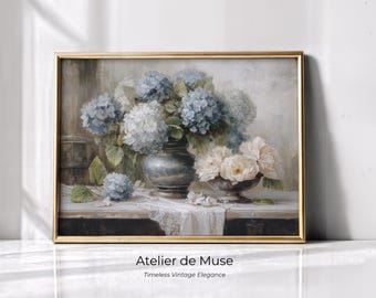 Pastel Hydrangea & Peony Still Life Print: Vintage Floral Wall Art (Digital Download)