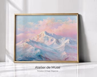 May include: A framed landscape painting depicts a snow-capped mountain range under a pastel sky. The artwork features soft blues, pinks, and whites, with a gold-colored frame. The text "Atelier de Muse" and "Timeless Vintage Elegance" are at the bottom.