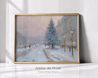 Vintage Winter Cityscape Art Print | Pastel Impressionist Snow Scene (Digital Download)