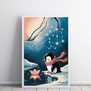 La promessa della barchetta di carta – Stampa murale emozionale con pinguino, stampa digitale invernale minimalista per cameretta dei bambini