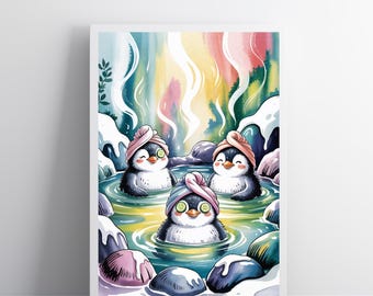 Poster - Pinguin Spa Day - Entspannende digitale Wandkunst für Badezimmer, Arktis Aquarell Druck, Sofort Download